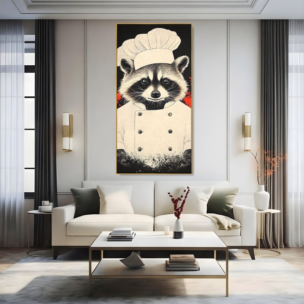 Tablou canvas cu tablou canvas cu raton bucatar, in rama de aluminiu auriu, pe perete intr-un living